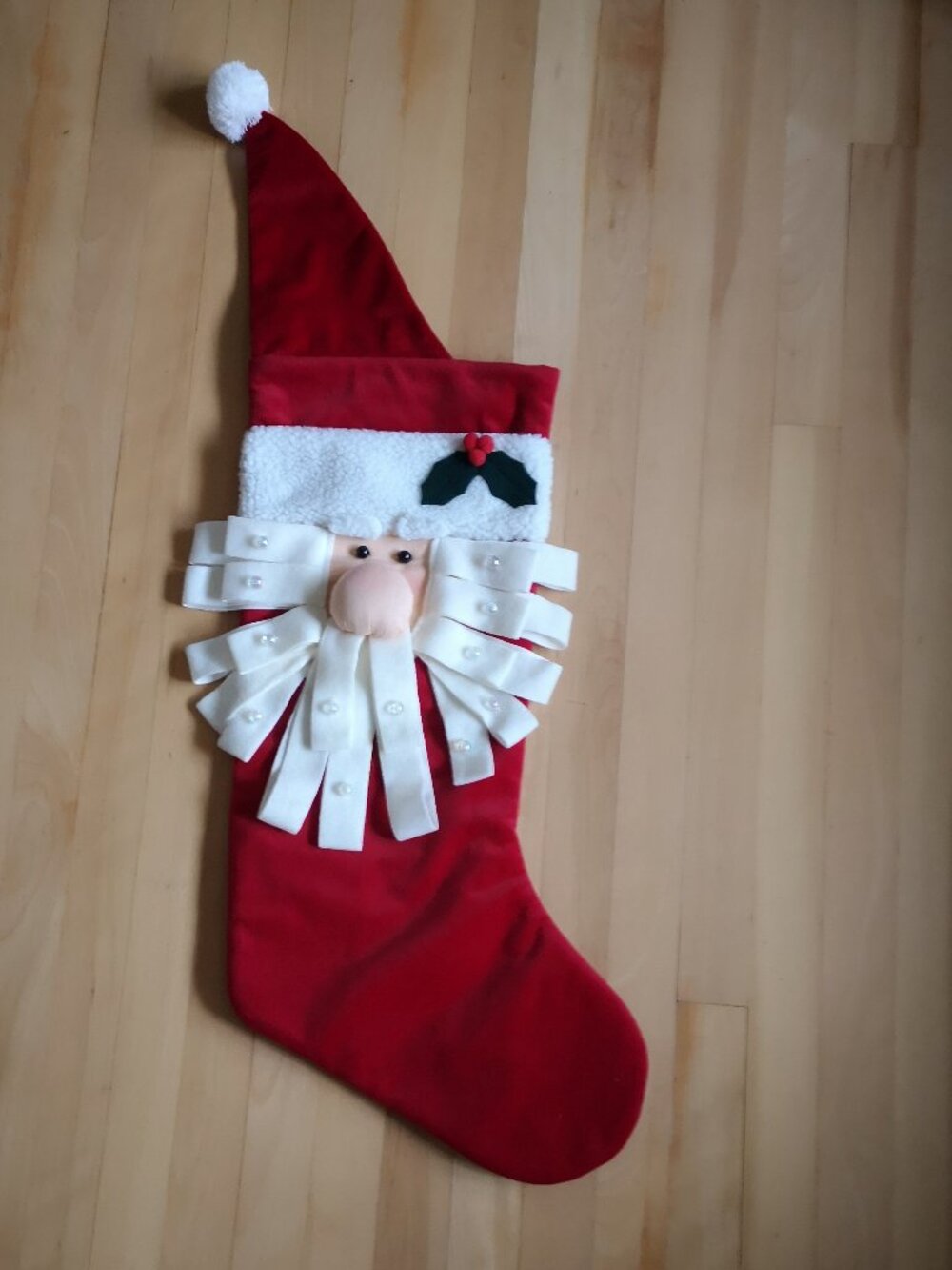 Large Christmas Stocking in Red Velvet w/ Santa Face & Textured Beard 27" Long
